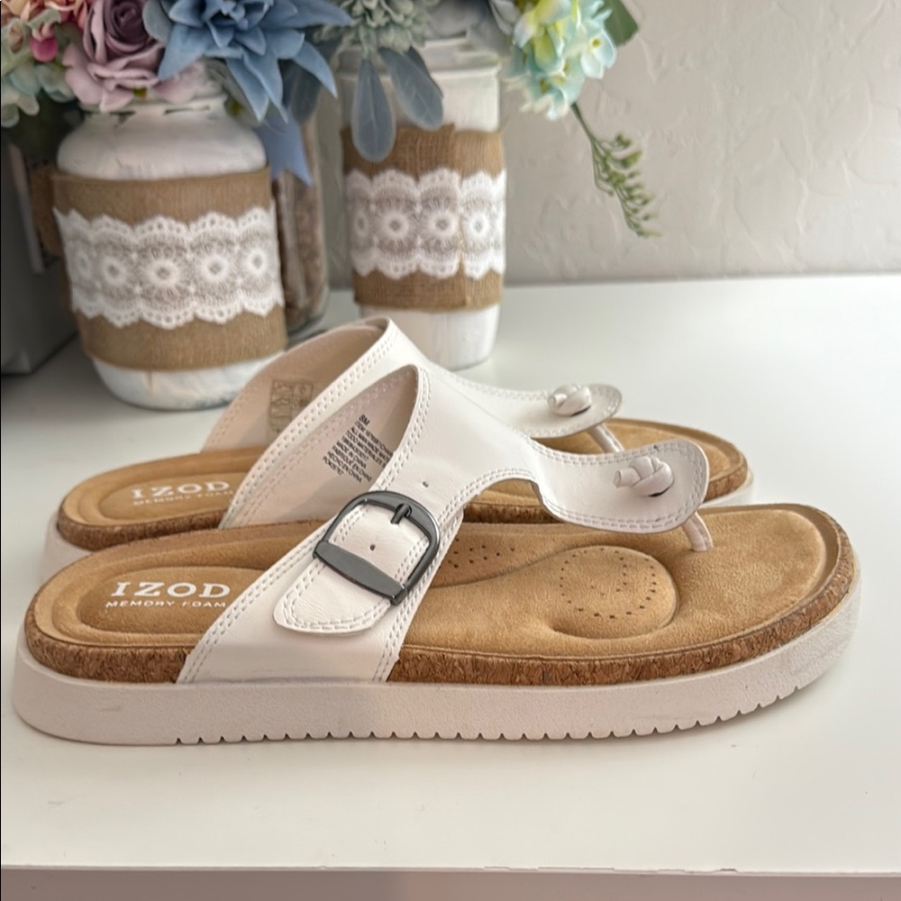 Izod White and Tan Sandals with Cork Footbed